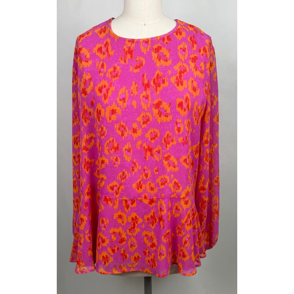 Scoop XXL 80s Peplum Blouse Pink Orange Leopard Long Sleeve‎ Ruffle Wacky Loud
